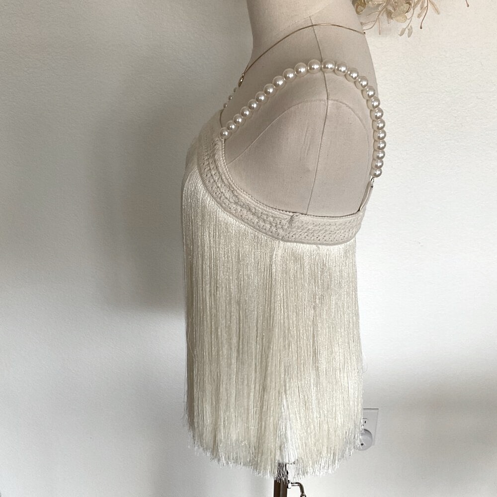 π€ BOSTON PROPER Pearl Embellished Fringe Knit Top Tank Flapper Ivory White - Picture 9 of 15